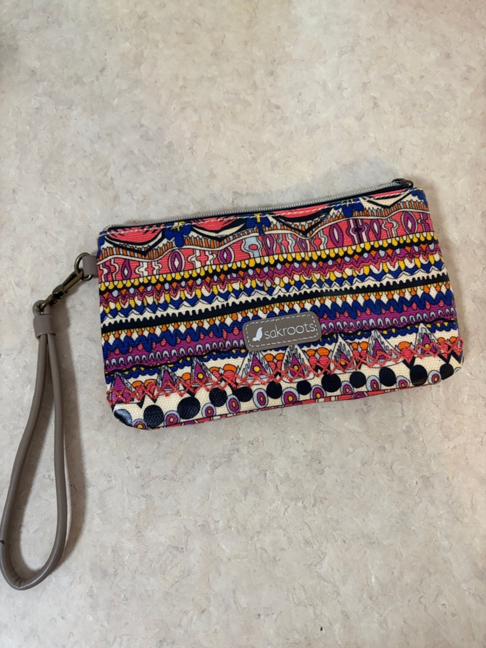 Sakroots Colorful Tribal-Print Wristlet with Tan Strap